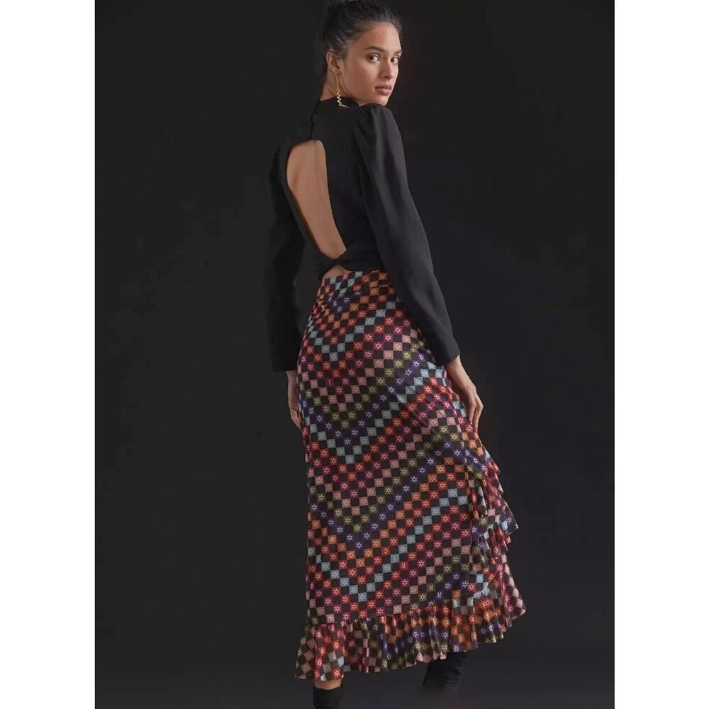FARM RIO Mesh Check Midi Maxi Ruffle Tiered Skirt Anthropologie S NWT $160 - Picture 10 of 11